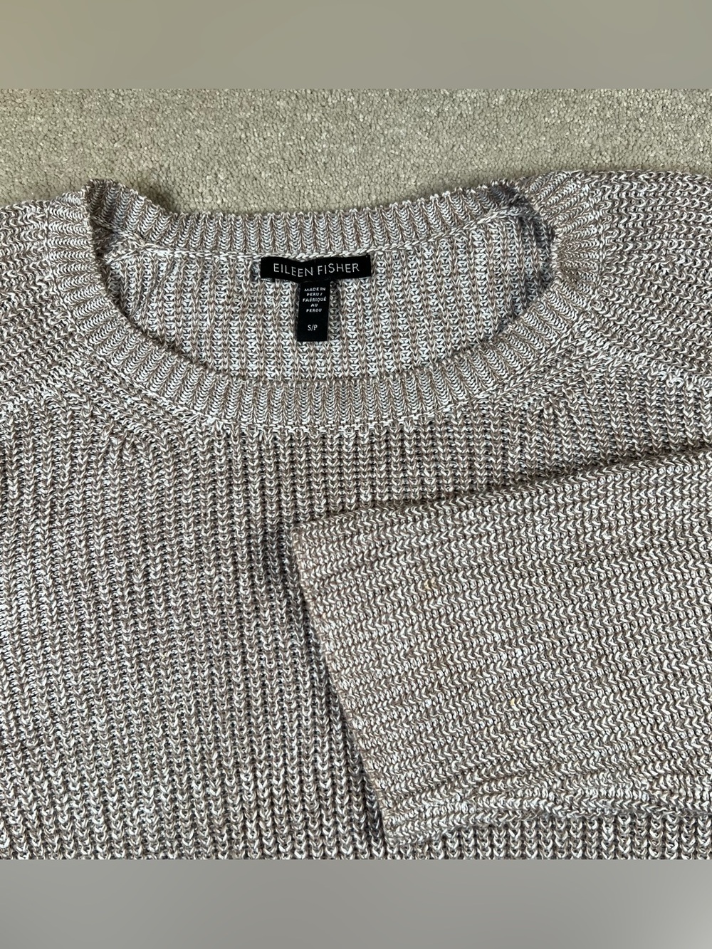 Eileen Fisher Sweater Tan Knit Heathered Crew Oversized Cotton Blend Women's sm